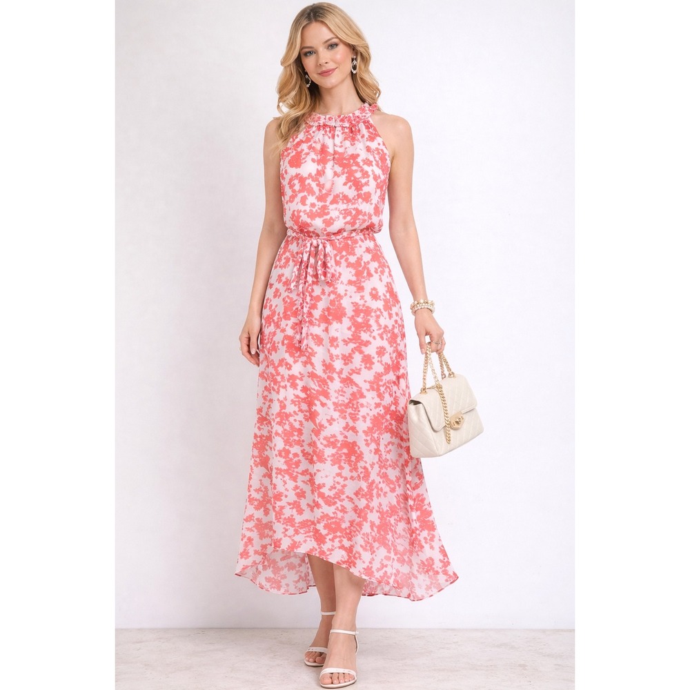 Pink White Floral Halter Midi Dress Ruffle Neck Braided Belt High Low Hem